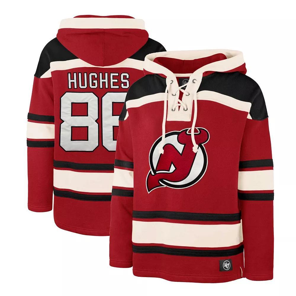 Men's '47 Jack Hughes Red New Jersey Devils Player Lacer Pullover Hoodie, Size: Small, Nhl Red Product Image