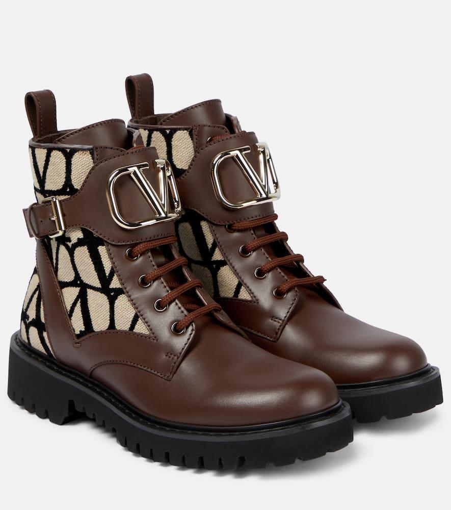 VALENTINO GARAVANI Logo-embossed Leather Combat Boots In Brown Product Image