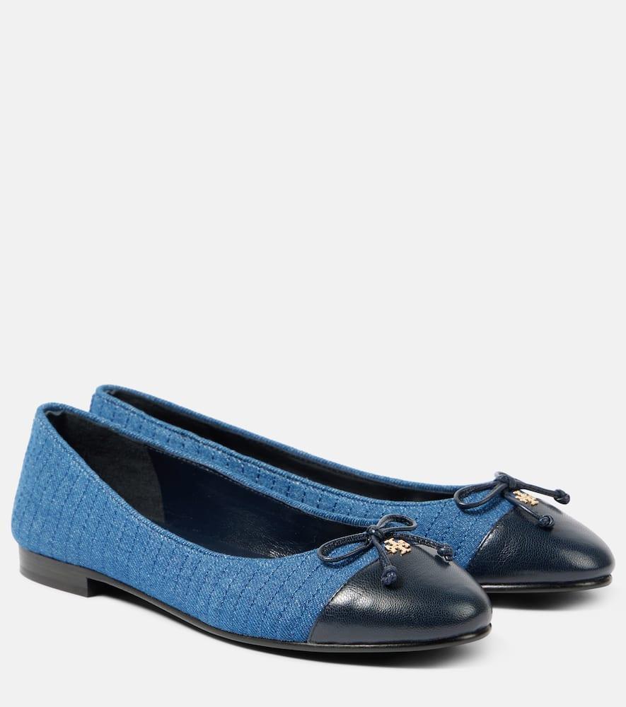 TORY BURCH Embellished Leather-trimmed Ballet Flats In Blue Product Image