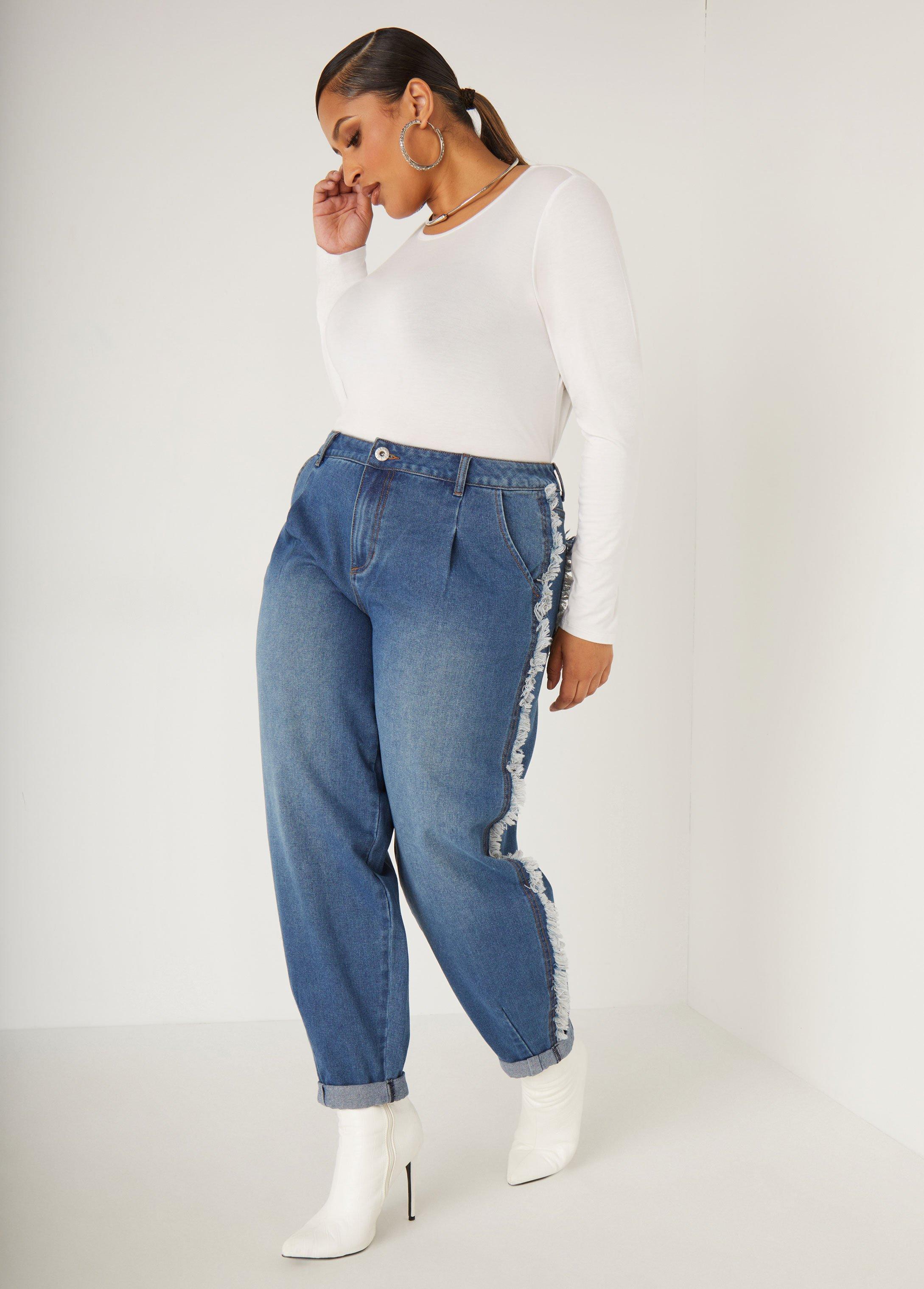 Plus Size Mid Rise Frayed Barrel Jeans Ashley Stewart Product Image