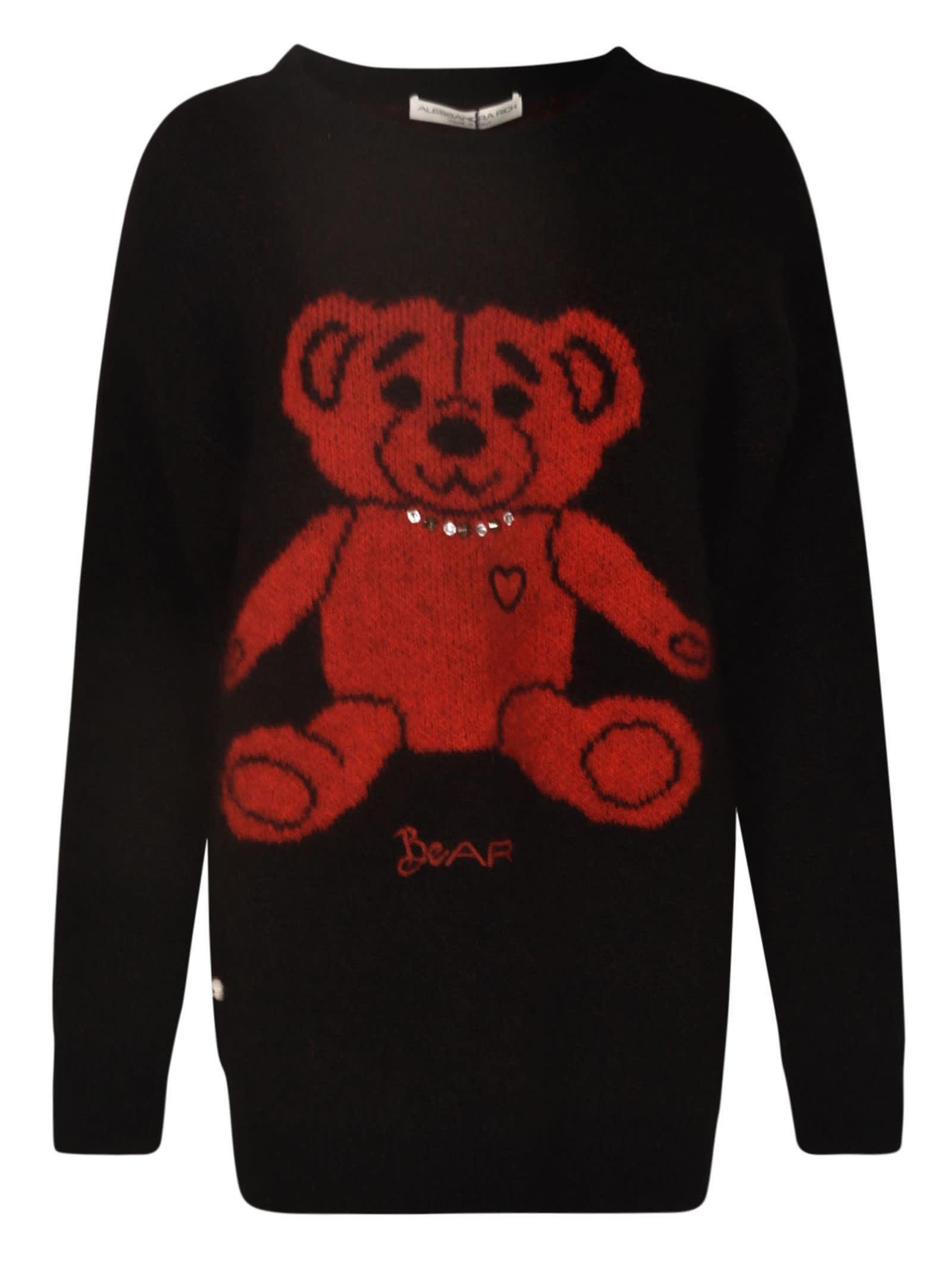 ALESSANDRA RICH Sweater In Jacquard Knit With Bear Motif And Appliques In Black,red Product Image