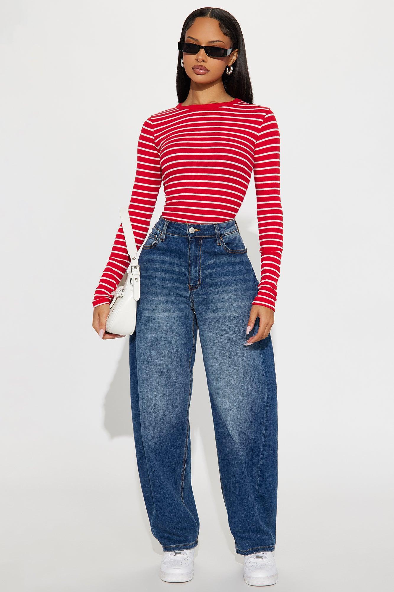 Lana Striped Crew Neck Long Sleeve Top - Red/combo Product Image