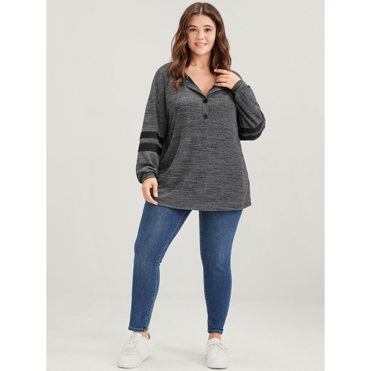 Plus Size Plain Contrast Button Up Round Neck Sweatshirt Women DimGray Casual Contrast Round Neck Dailywear Sweatshirts BloomChic 22-24/3X Product Image