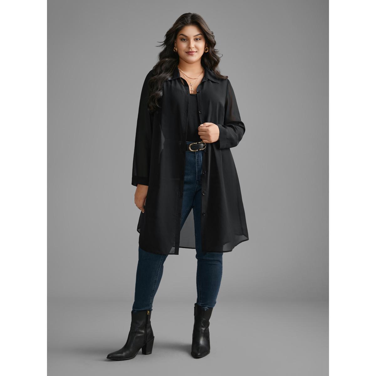 Plus Size Black Chiffon Mesh Pleated Tunic Blouse Women Elegant Long Sleeve Shirt collar Everyday Blouses BloomChic 30/6X Product Image