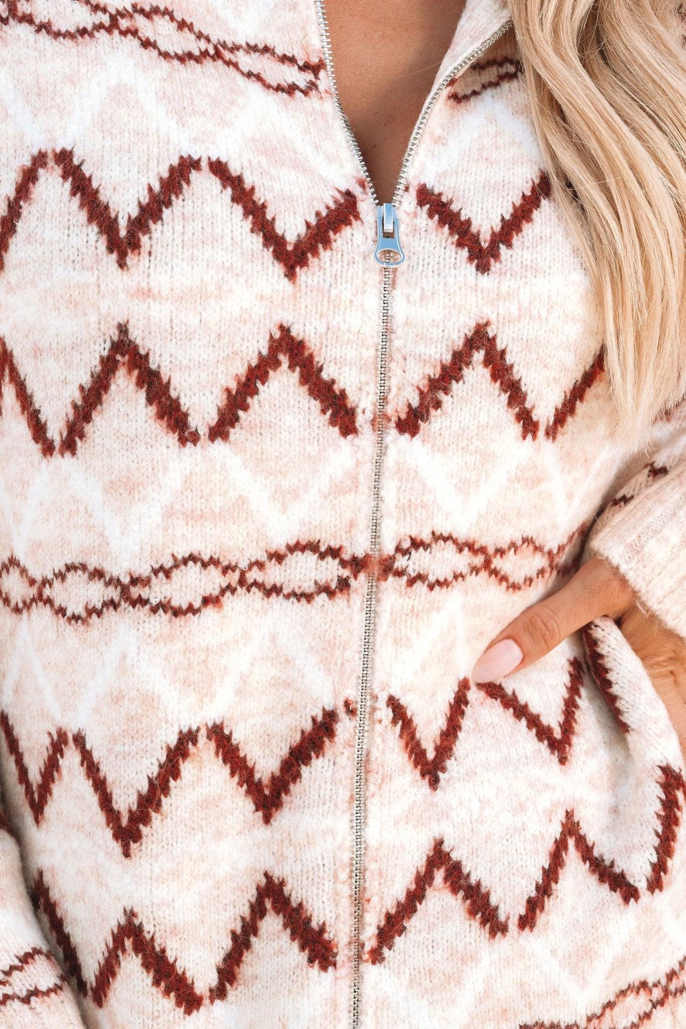 Cream Multi Print Zip Up Sweater - FINAL SALE Product Image