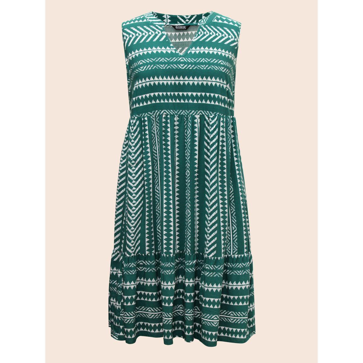 Plus Size Striped Geometric Pocket Ruffle Hem Sleeveless Tank Dress DarkGreen Women Casual Non V-neck Sleeveless Curvy BloomChic 26/4X Product Image