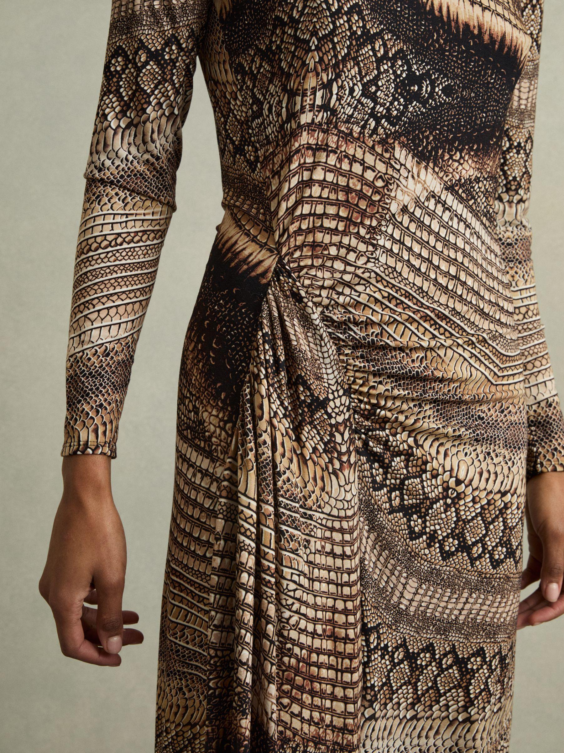 Snake-Print Draped Midi Dress in Brown Product Image