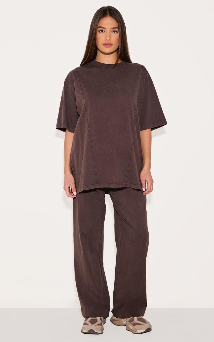 Dark Brown Oversized Cotton Seam Detail T-shirt Product Image