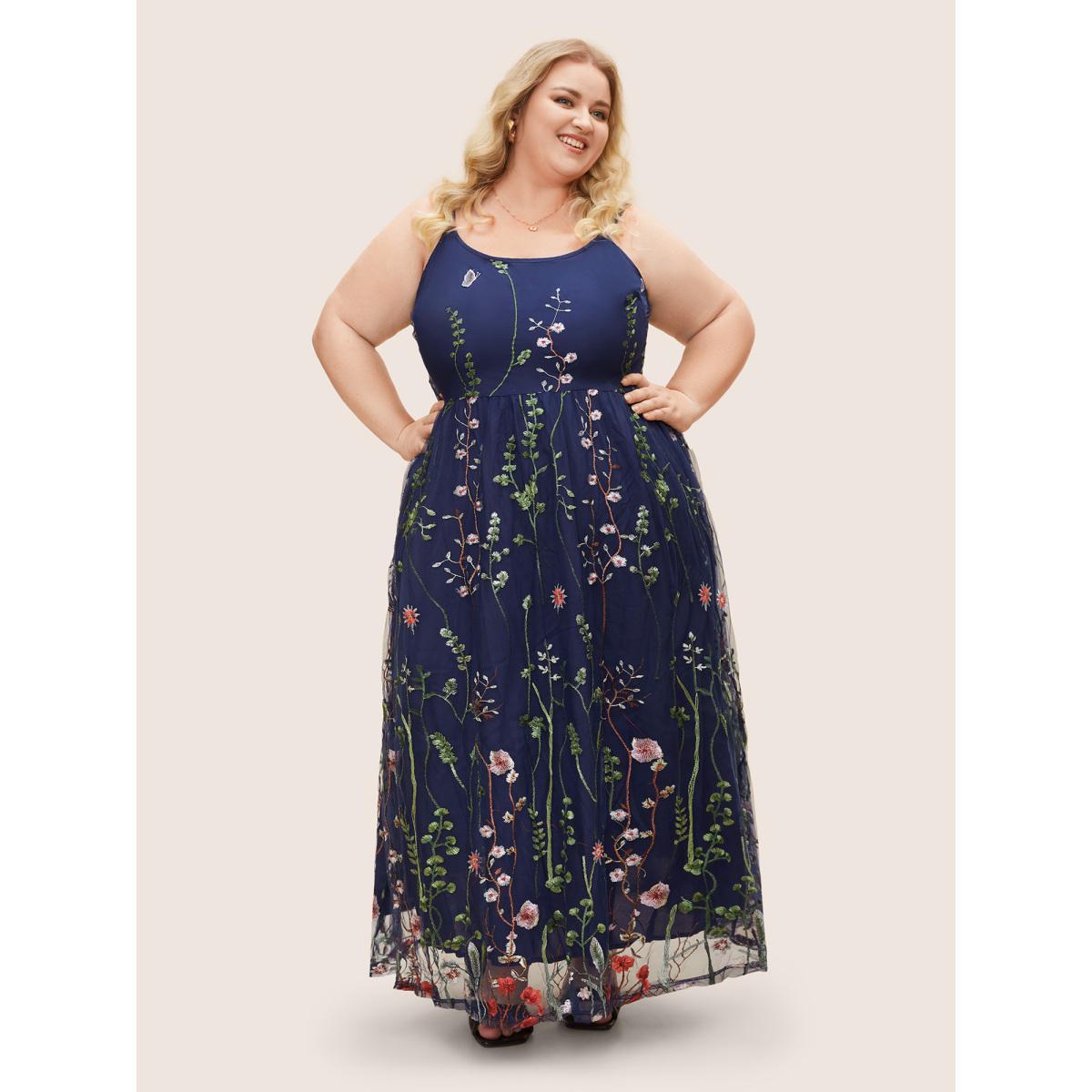 Plus Size U Neck Floral Embroidered Mesh Cami Dress DarkBlue Women Formal U-neck Sleeveless Curvy BloomChic 22-24/3X Product Image