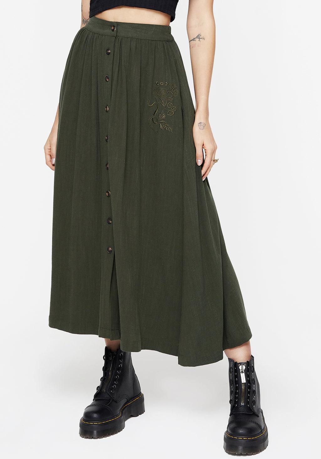 Foliate Linen-Blend Embroidered Button Up Midaxi Skirt - Green Product Image