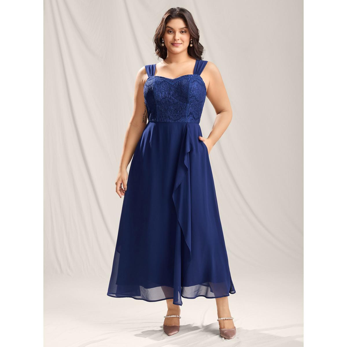 Plus Size Lace Corset Flared Hem Midi Dress Indigo Women Heart neckline Sleeveless Curvy BloomChic 14-16/1X Product Image