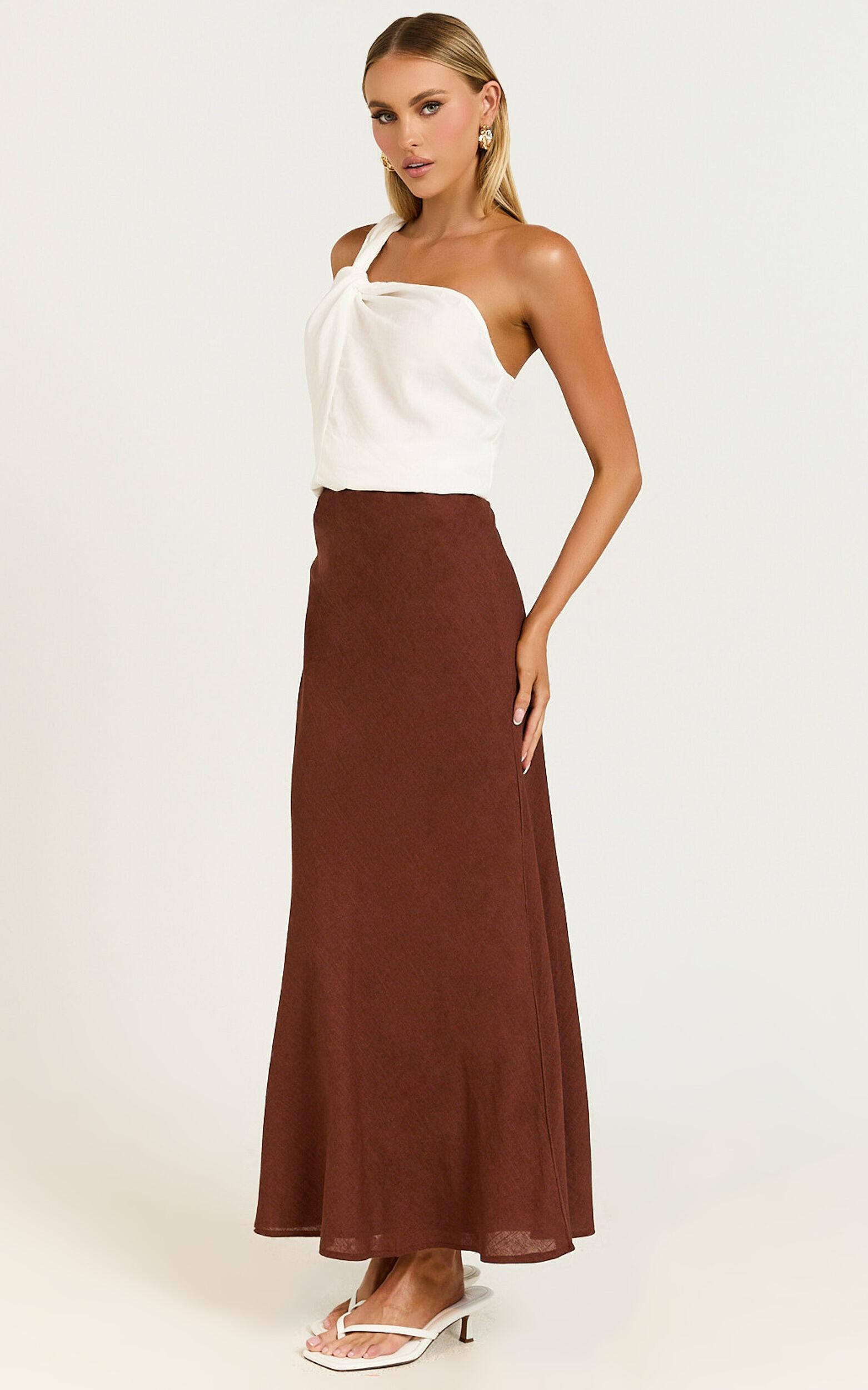 Collins Midi Skirt - Linen Look High Waisted Linen Look Bias Slip Skirt in Chocolate Product Image