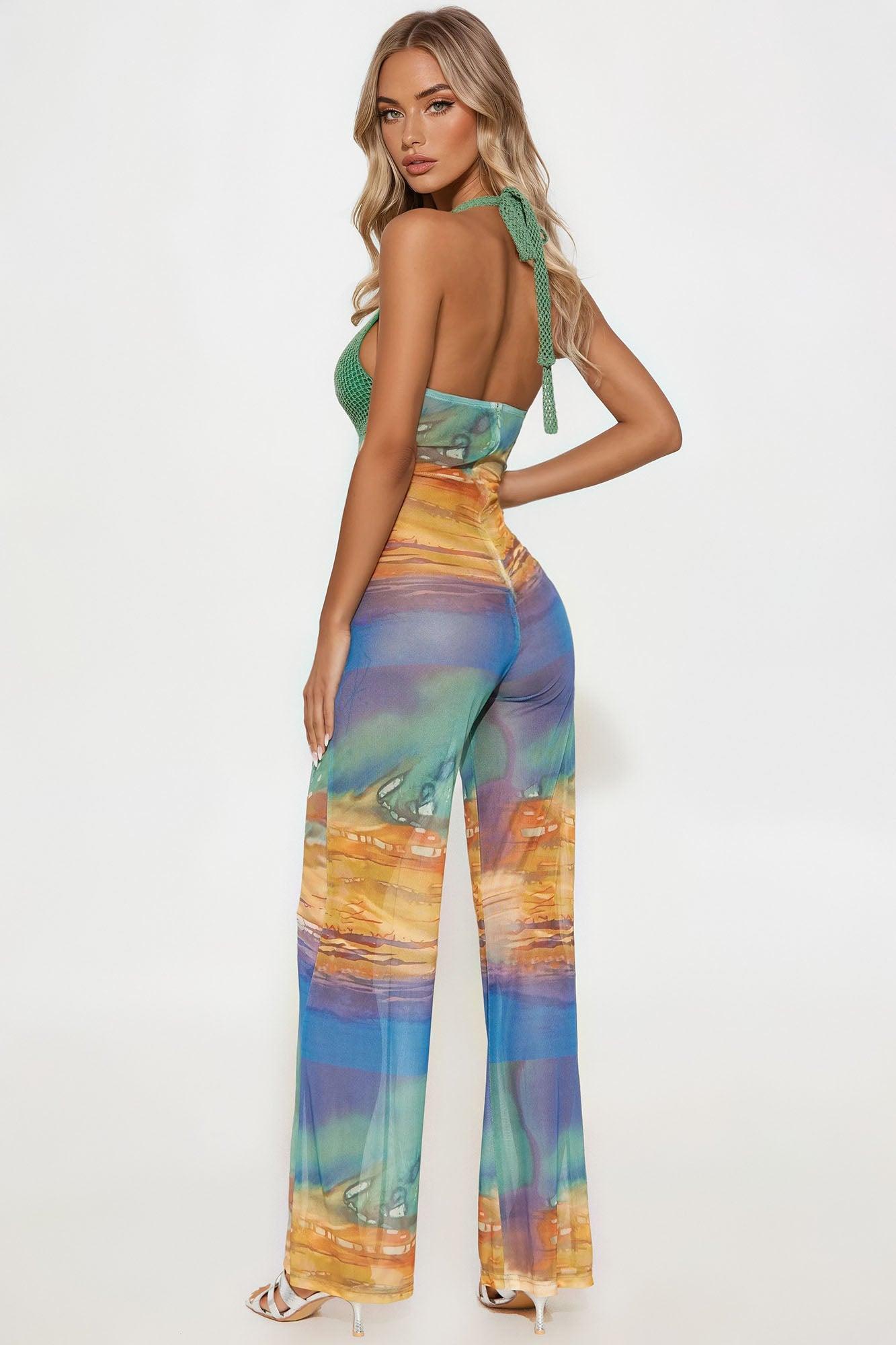 Sunshine Hours Mesh Halter Wide Leg Jumpsuit - Multi Color Product Image