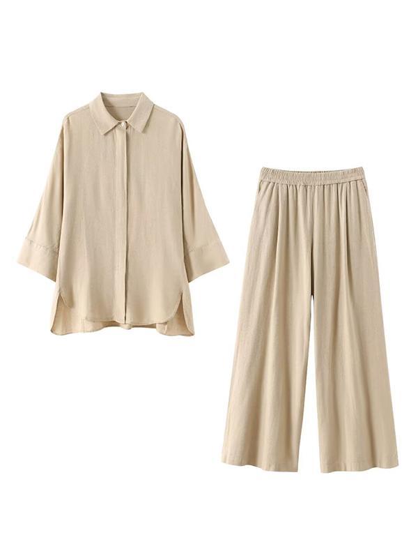 Loose Solid Color Split-Joint Split-Side Lapel Blouse + Elasticity Pleated Pants Trousers Two Pieces Set Product Image