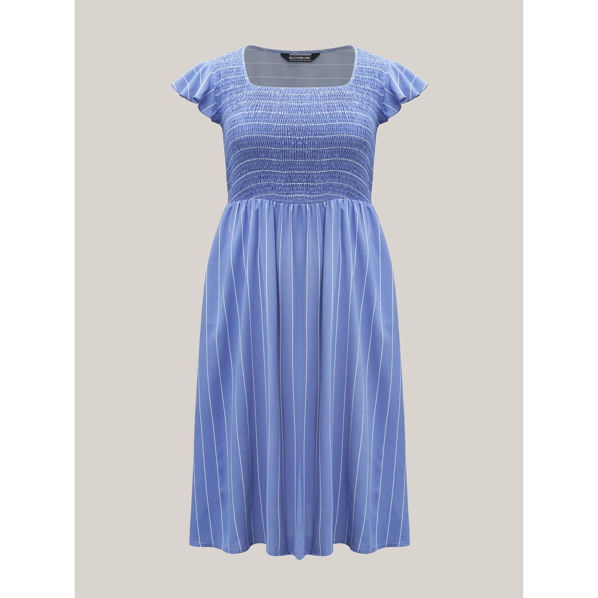 Plus Size Striped Shirred Flutter Sleeve Midi Dress Skyblue Women Leisure Shirred Square Neck Cap Sleeve Curvy BloomChic 12/L Product Image