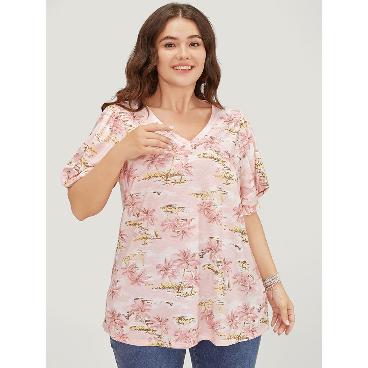 Plus Size Coconut Tree Print Gathered Twist Sleeve T-shirt Rouge Women Vacation Tropical V-neck Dailywear T-shirts BloomChic 12/L Product Image