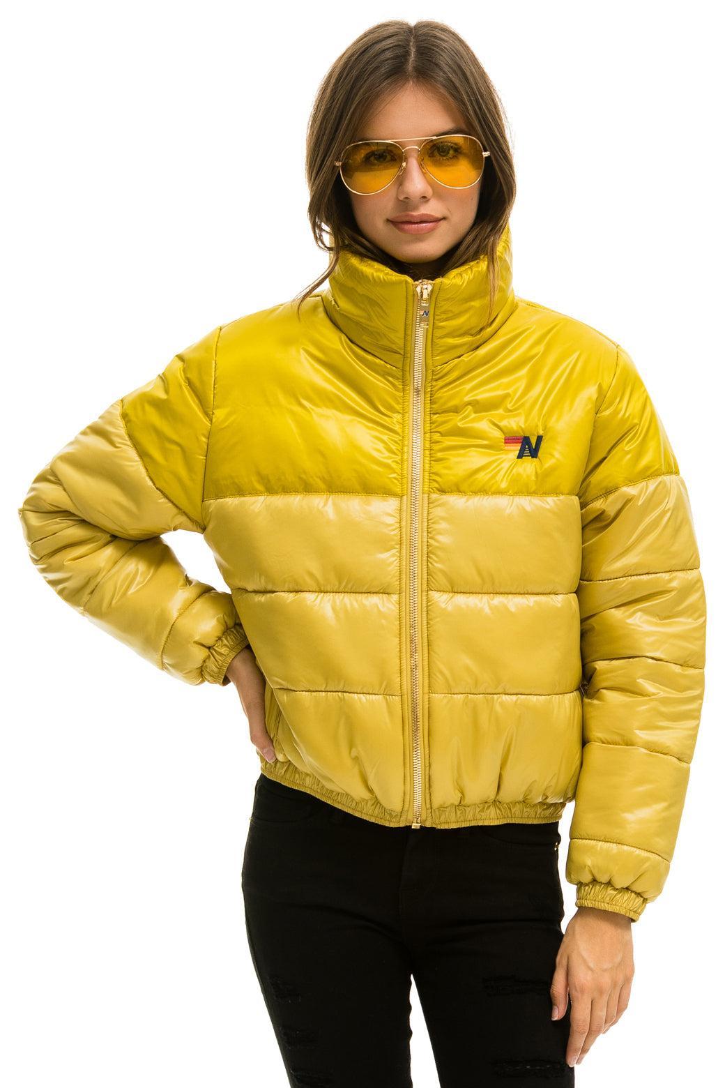 COLOR BLOCK HALF AND HALF APRES PUFFER JACKET - HONEY GLOSSY Female Product Image