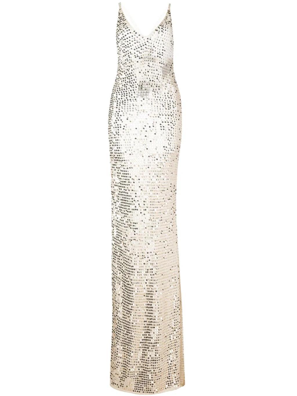 Marie Sequinned Crocheted Dress In Metallic Gold Product Image