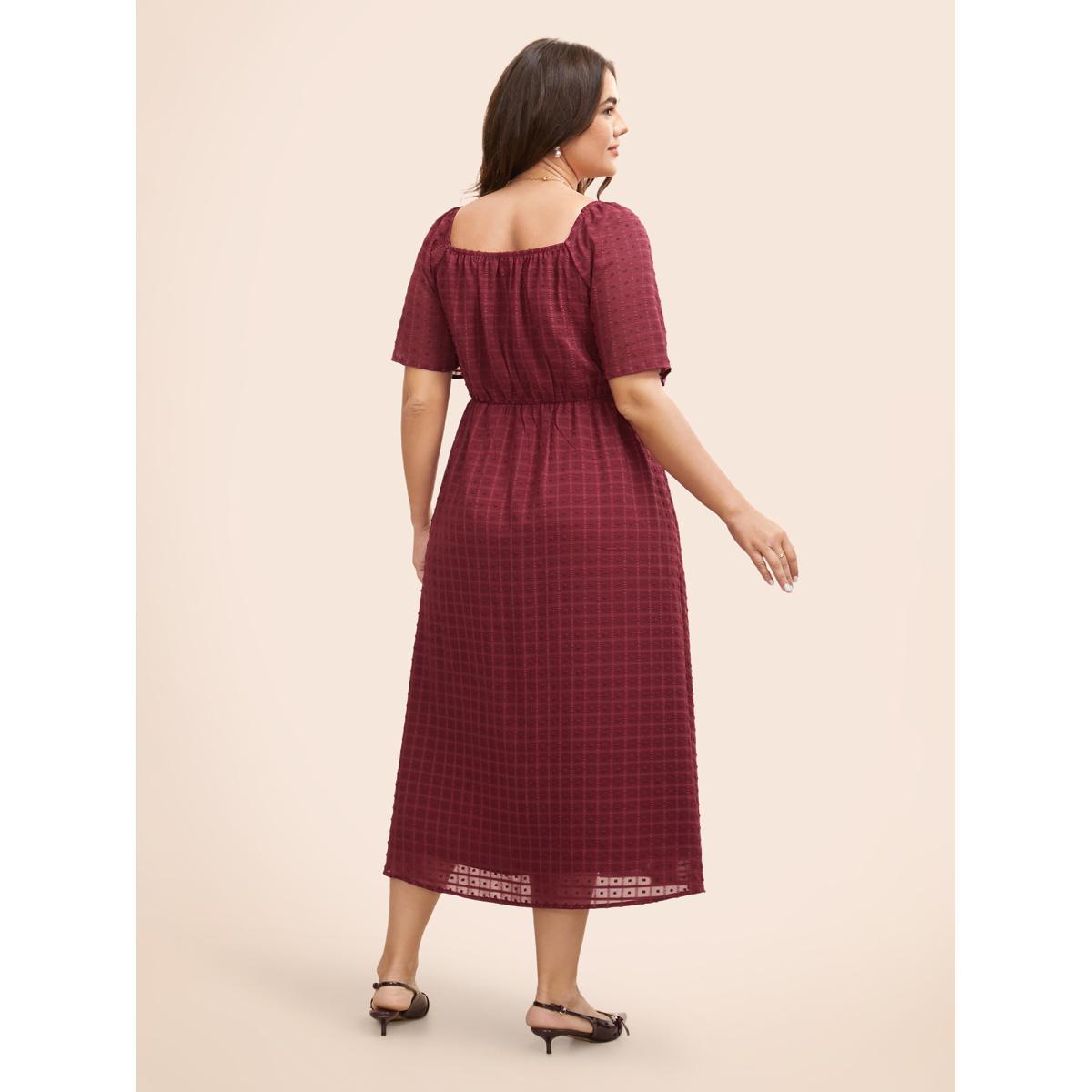 Plus Size Square Neck Textured Shirred Midi Dress Burgundy Women Elegant Texture Square Neck Short sleeve Curvy BloomChic 22-24/3X Product Image