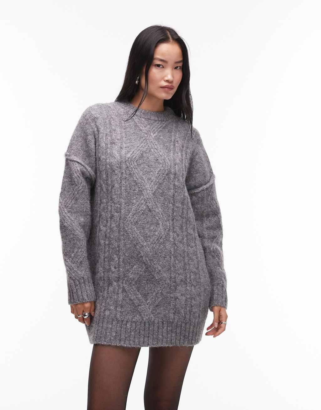 Topshop knitted diamond cable oversized mini dress in gray Product Image