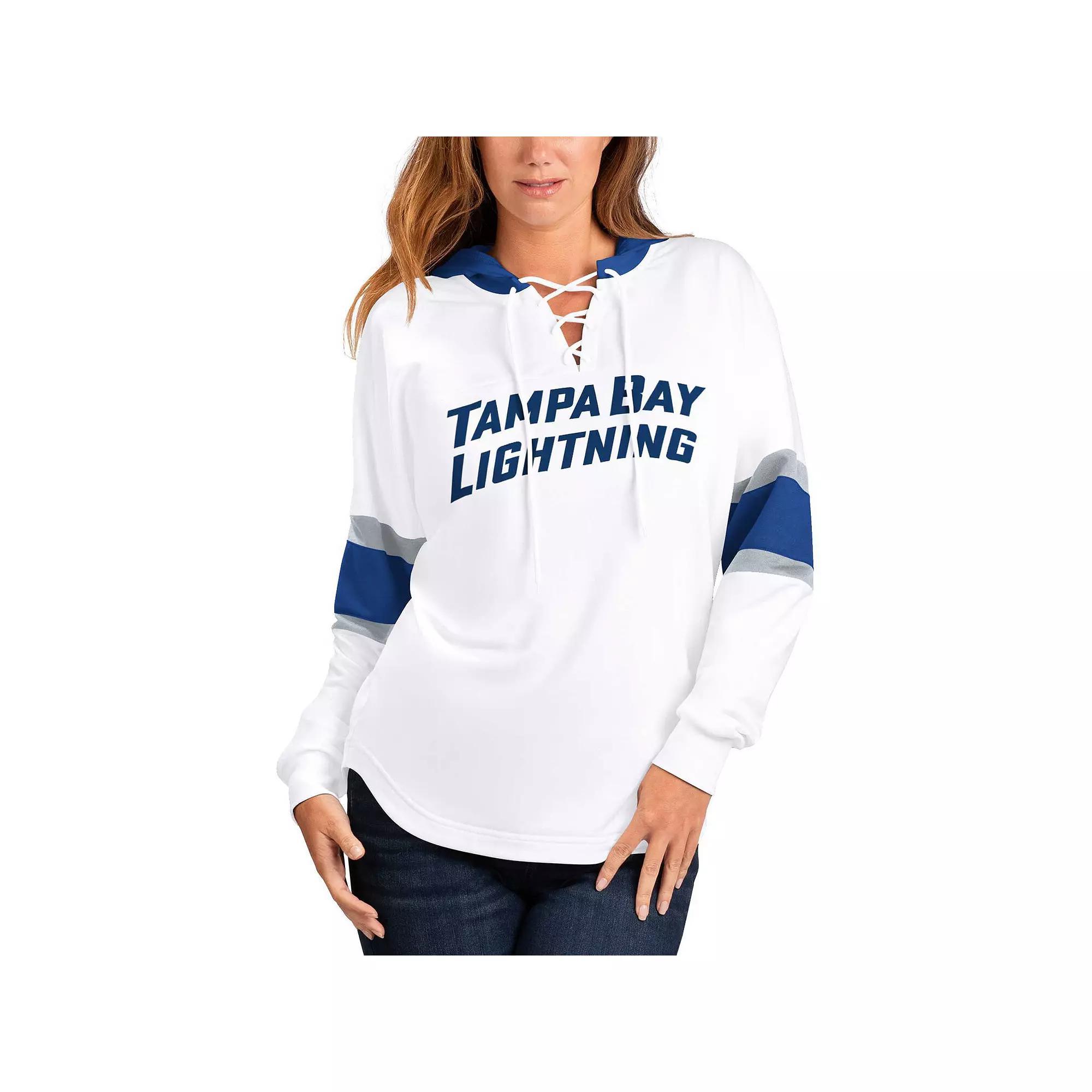 Women's G-III 4Her by Carl Banks White/Blue Tampa Bay Lightning Goal Zone Long Sleeve Lace-Up Hoodie T-Shirt, Size: Small, Lgh White Product Image