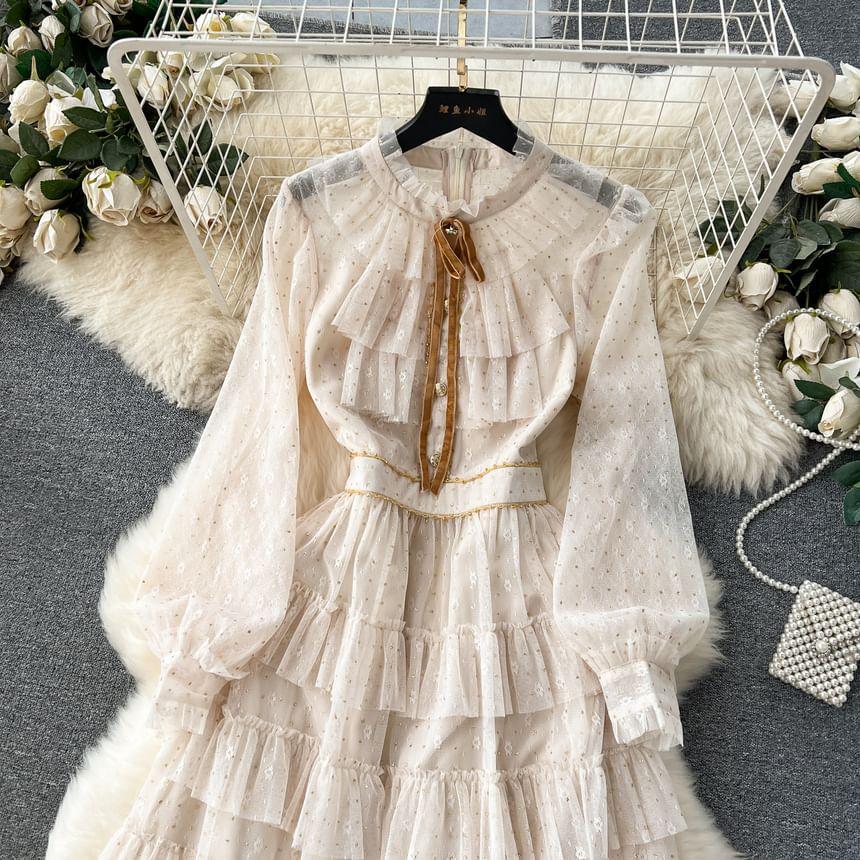 Long-Sleeve Bow Tiered Mesh Midi A-Line Dress Product Image