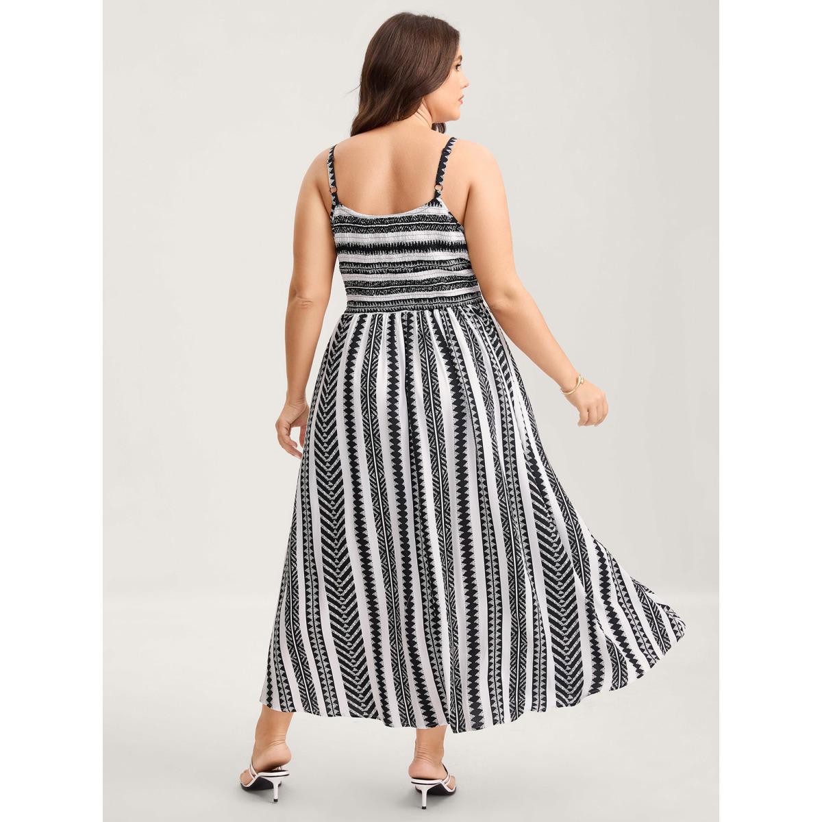 Plus Size Geometric Stripe Shirred Cami Midi Dress WhiteSmoke Women Slit V-neck Sleeveless Curvy BloomChic 10/M Product Image