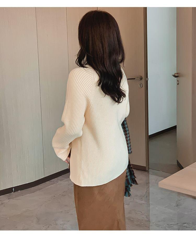 Mock Neck Plain Slit Ribbed Sweater Product Image