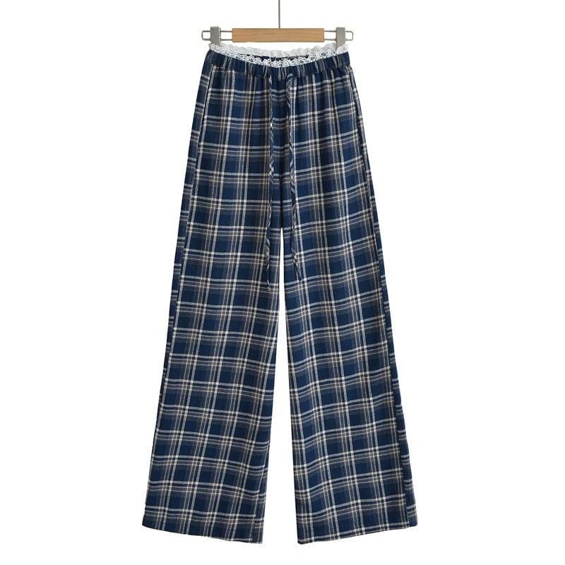 Drawstring Waist Plaid Lace Trim Wide Leg Pants Product Image