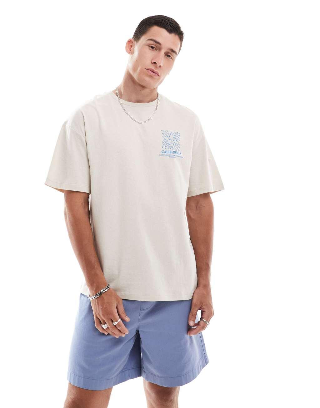 Jack & Jones oversized T-shirt with California back print in beige  Product Image