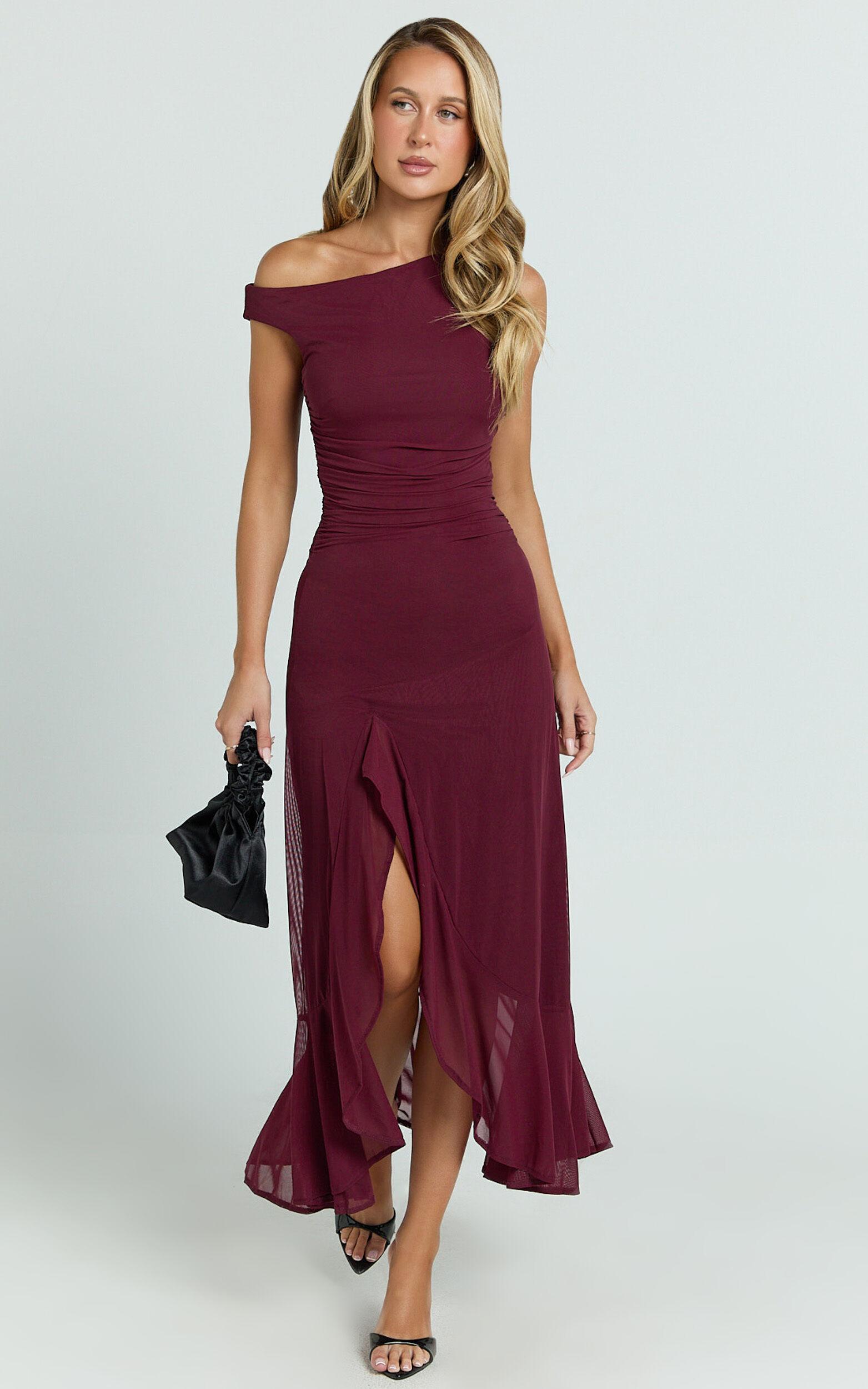 Judee Midi Dress - One Shoulder High Side Split Dress in Wine Product Image