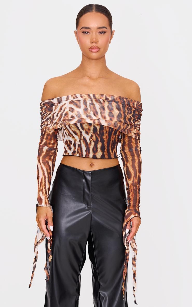 Brown Leopard Mesh Ultra Long Drape Sleeve Crop Top Product Image