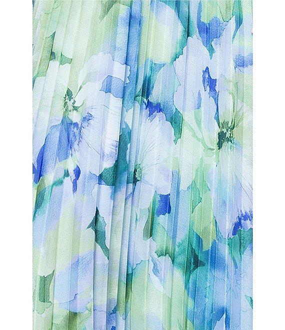 Betsy & Adam Pleated Chiffon Floral Print V-Neck Long Sleeve Fit and Flare Gown Product Image