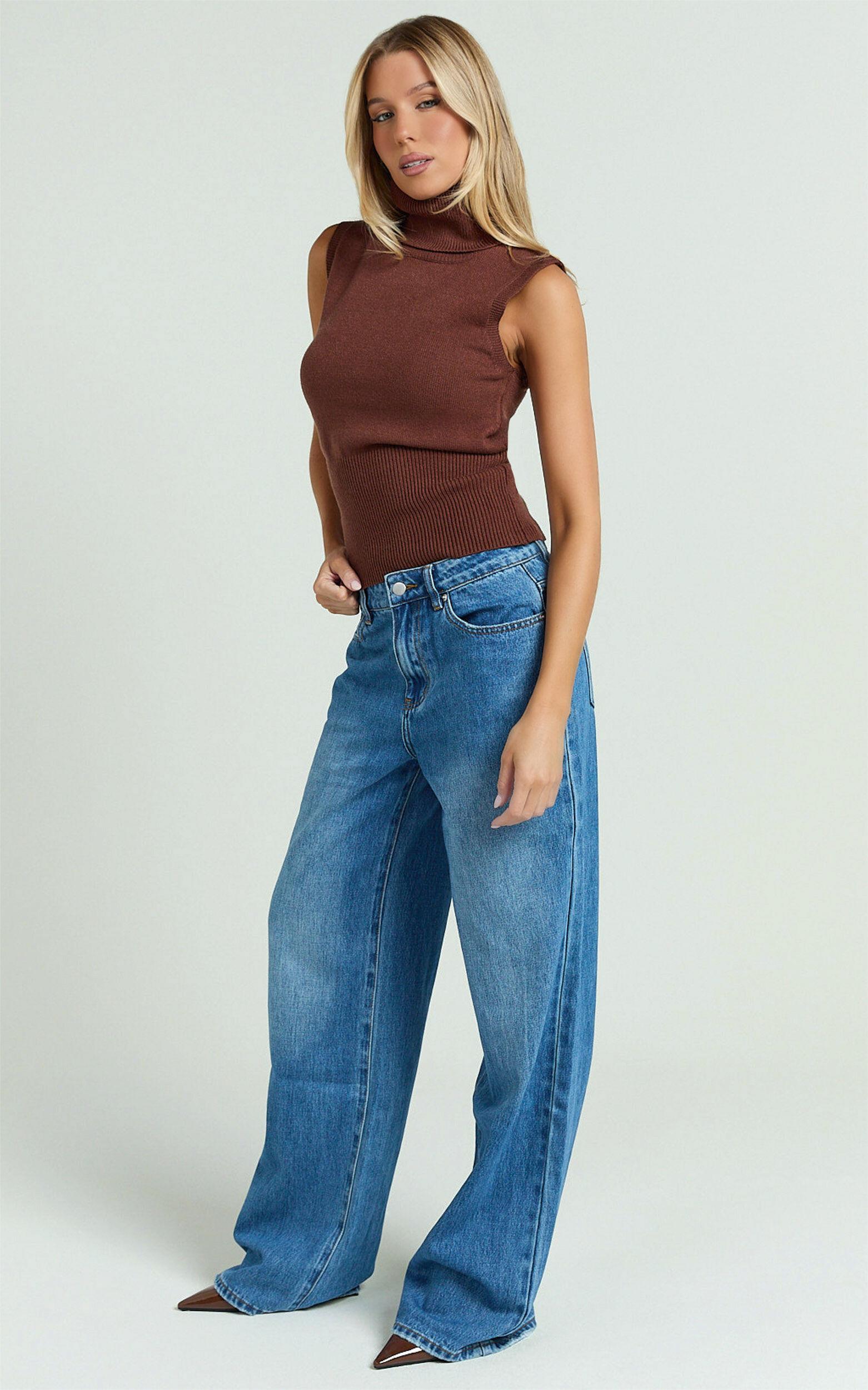 Aveline Top - Sleeveless Roll Neck Knitted Top in Chocolate Product Image