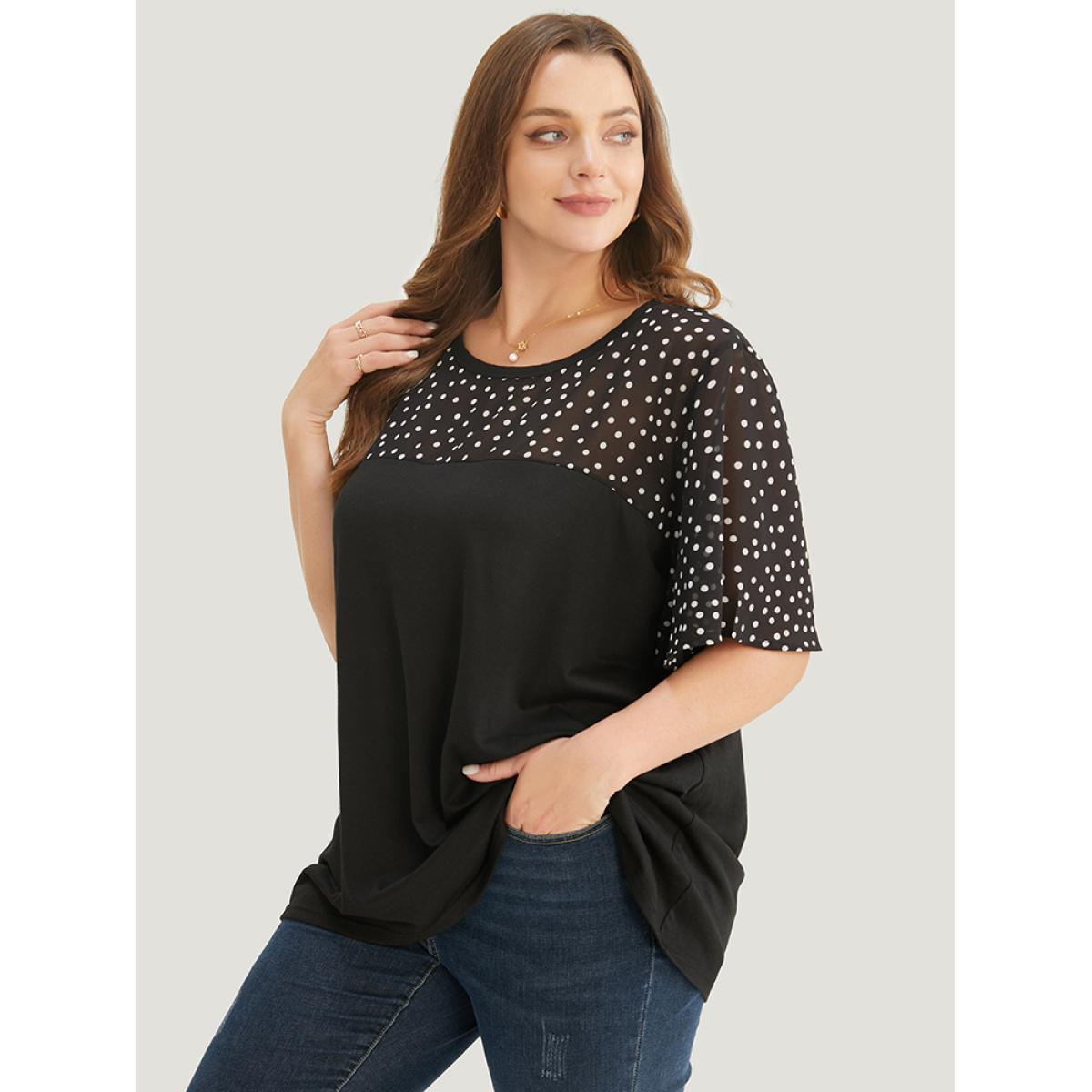 Plus Size Floral Mesh Patchwork Ruffle Sleeve T-shirt White Women Elegant Patchwork Floral Round Neck Dailywear T-shirts BloomChic 14-16/1X Product Image