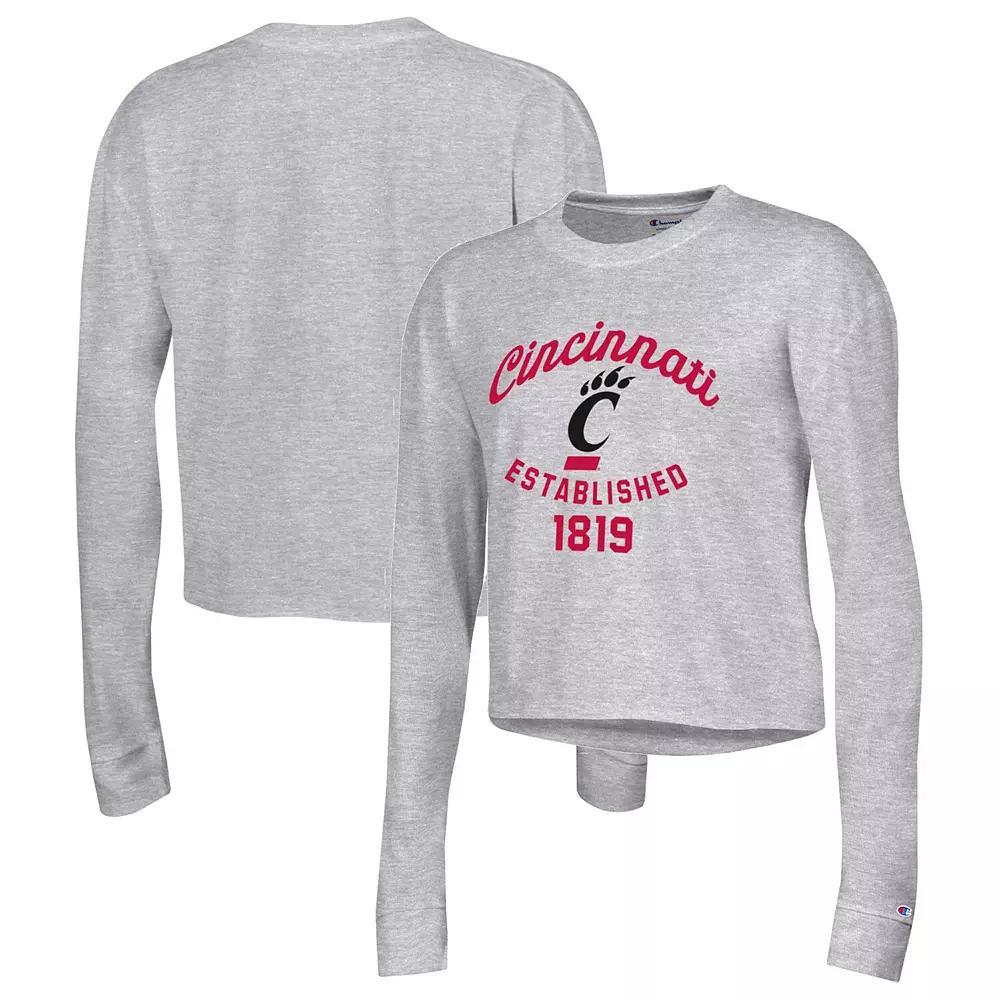 Women's Champion Heather Gray Cincinnati Bearcats Boyfriend Cropped Long Sleeve T-Shirt,  Product Image