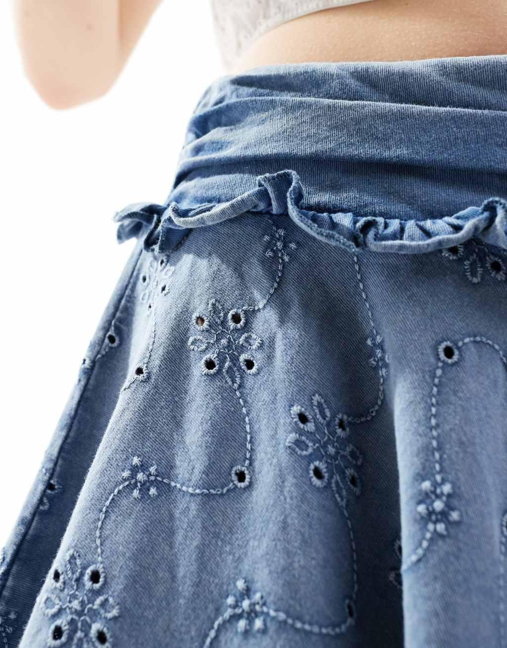 ASOS DESIGN handkerchief hem eyelet rara skirt in washed blue Product Image