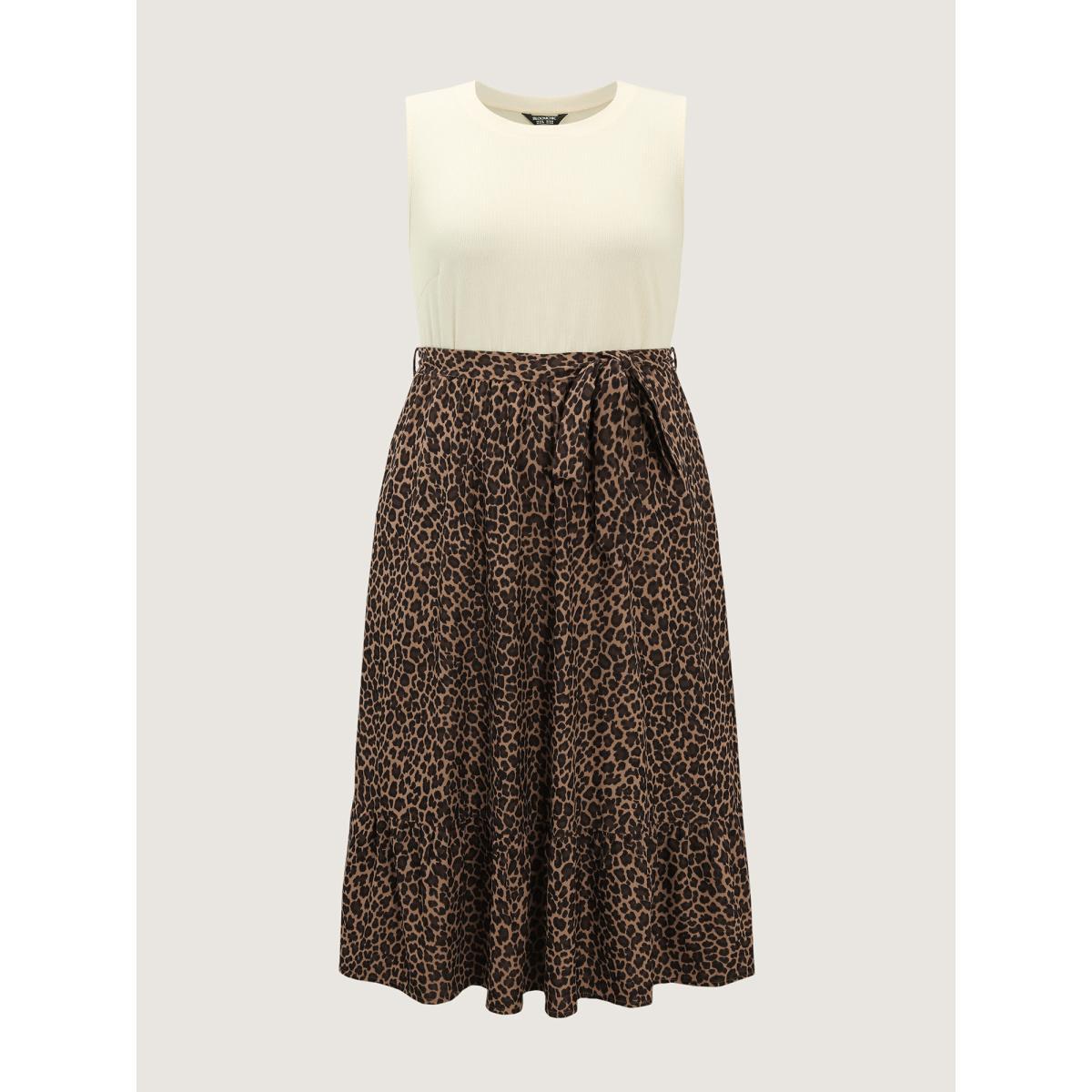 Plus Size Leopard Print Patchwork Belted Waist Midi Dress Multicolor Women Leisure Texture Round Neck Sleeveless Curvy BloomChic 30/6X Product Image