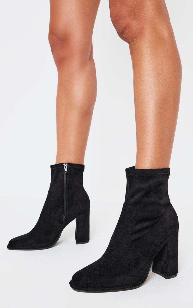 Black Faux Suede Round Toe High Block Stiletto Heeled Boots Product Image
