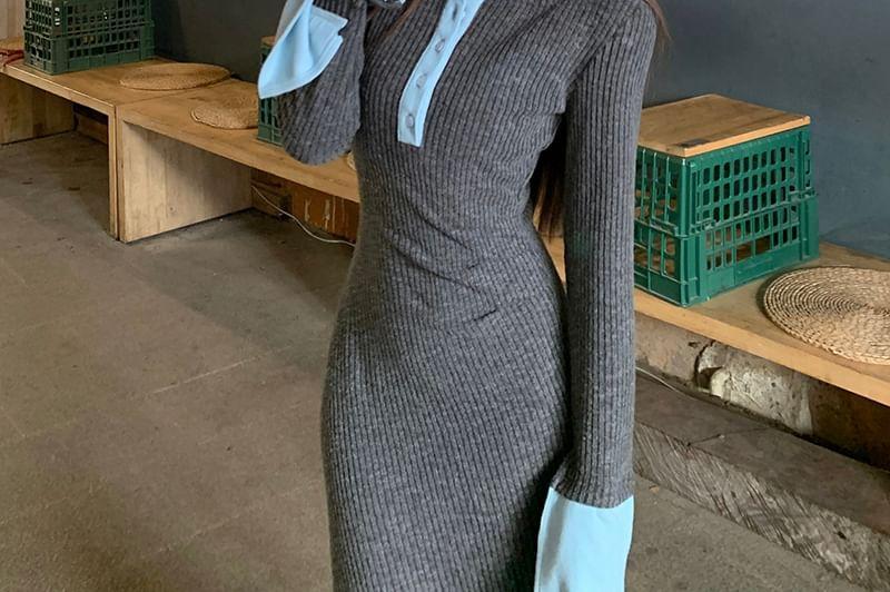 Long-Sleeve Crewneck Two Tone Knit Maxi Sheath Dress Product Image