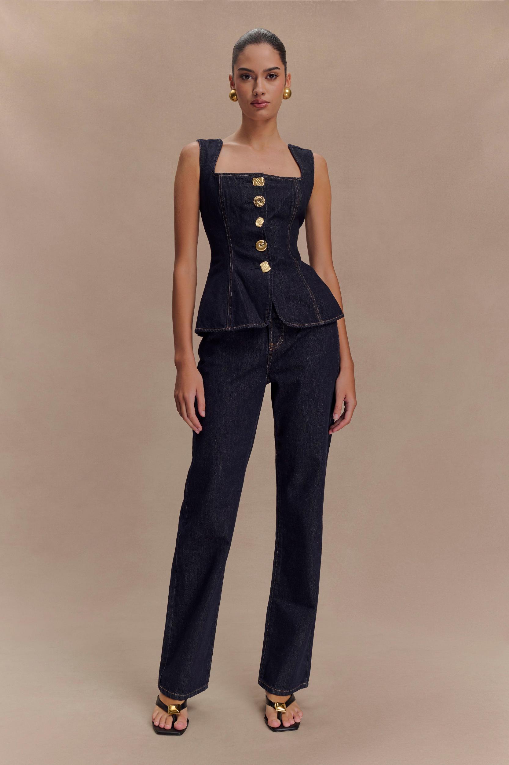 Neve Sleeveless Buttoned Denim Top - Washed Indigo Blue Product Image