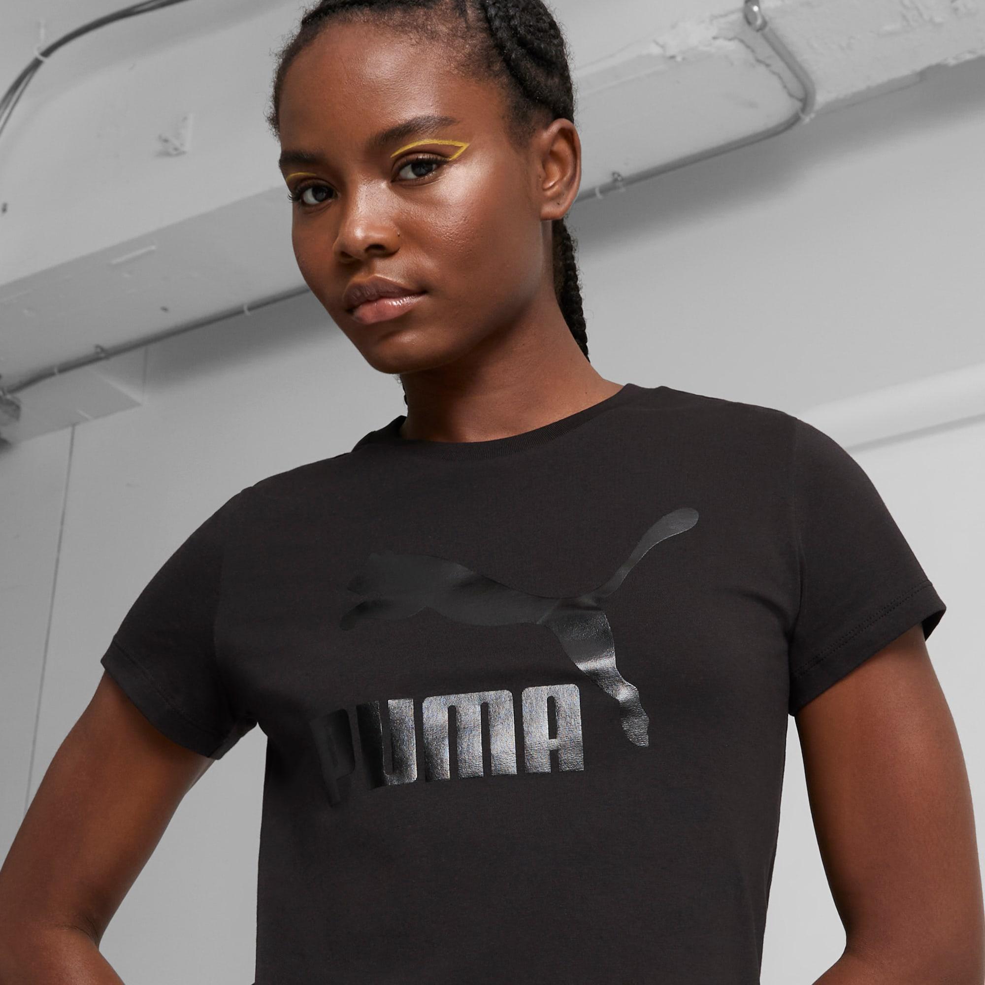 PUMA CLASSICS Shiny Logo Womens T-Shirt Product Image