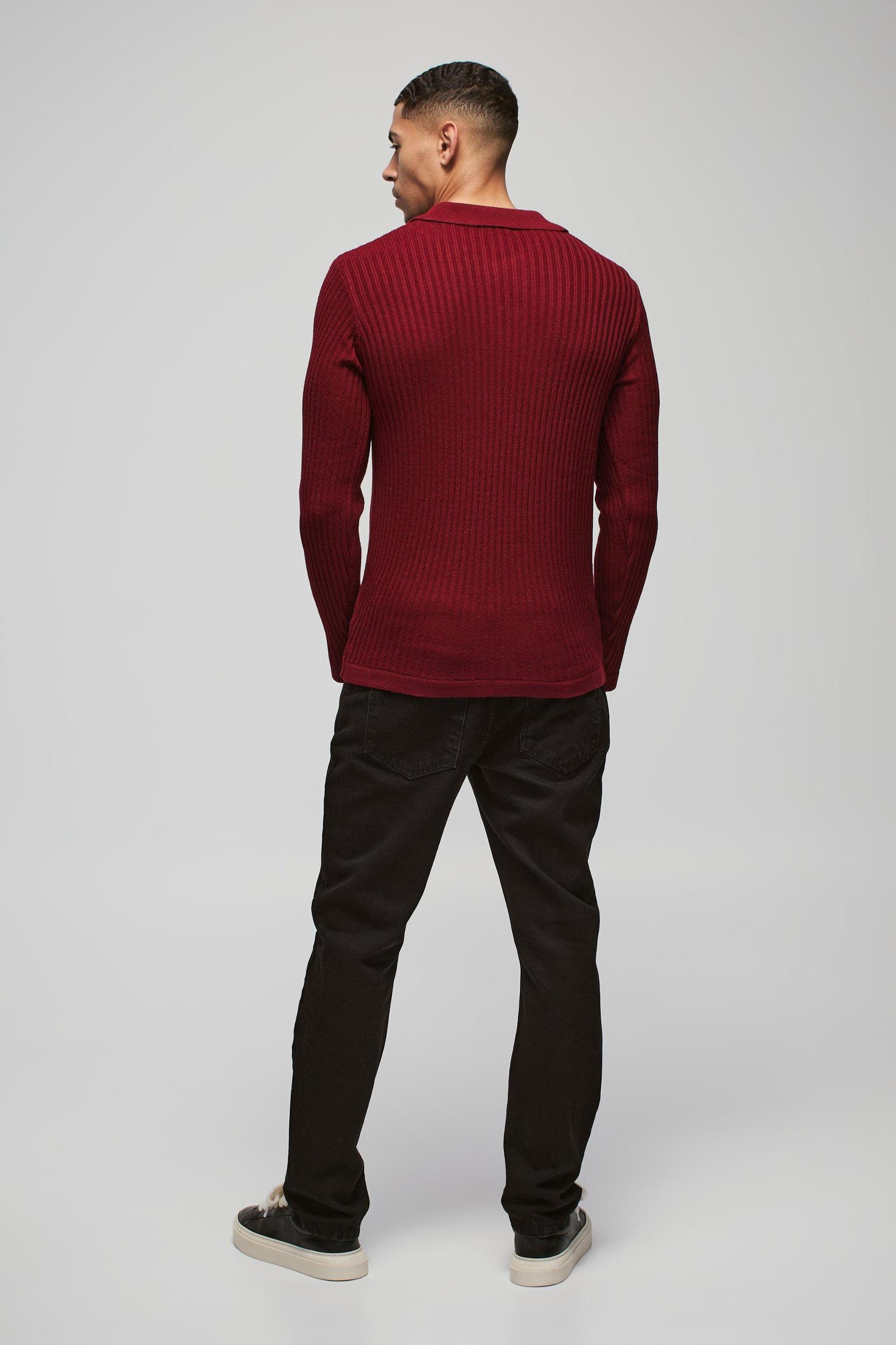 Regular Fit Ribbed V Neck Collar Knitted Polo | boohooMAN USA Product Image