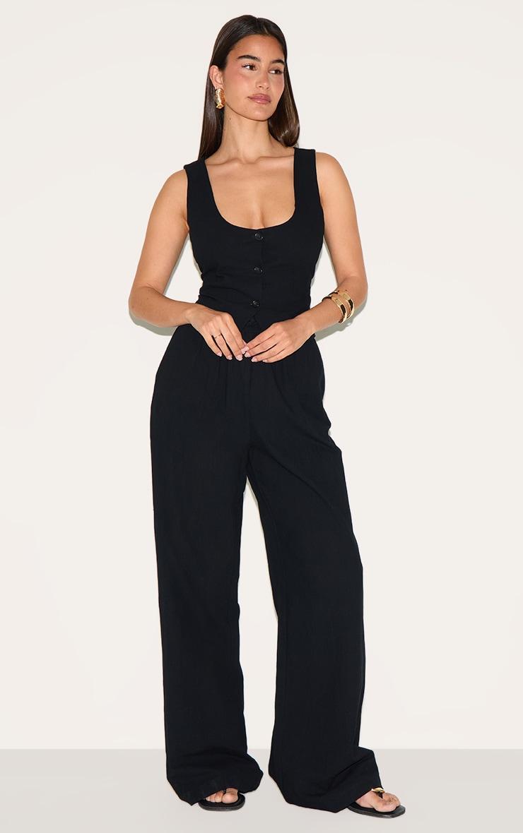 Black Linen Look Tailored Scoop Neck Fitted Vest Product Image