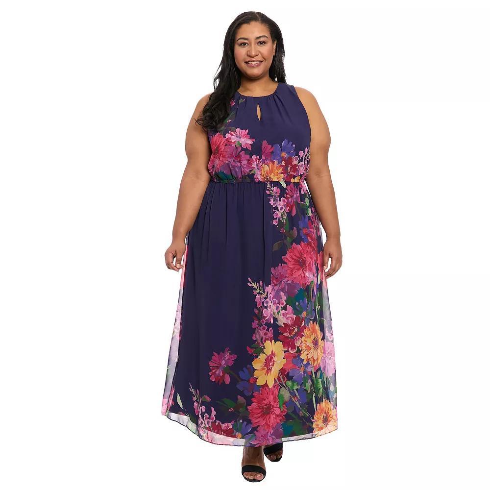 Plus Size London Times Sleeveless Keyhole Maxi Dress, Women's, Size: 2XL, Navy Pink Product Image