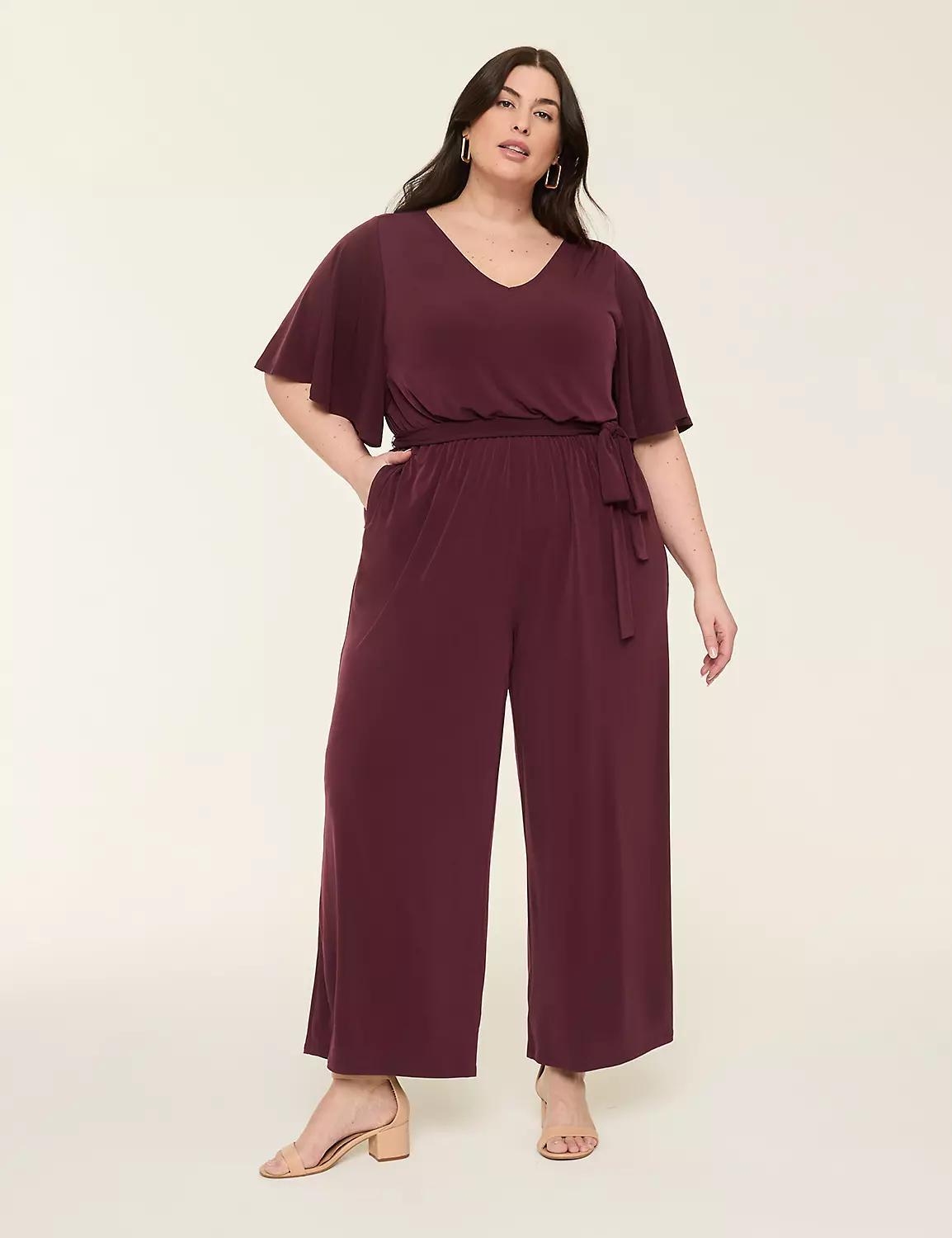 Flutter-Sleeve V-Neck Wide Leg Jersey Jumpsuit Product Image