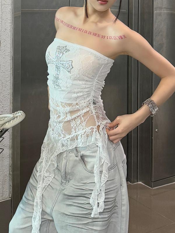 Black Lace Cross Print Strapless Top Product Image