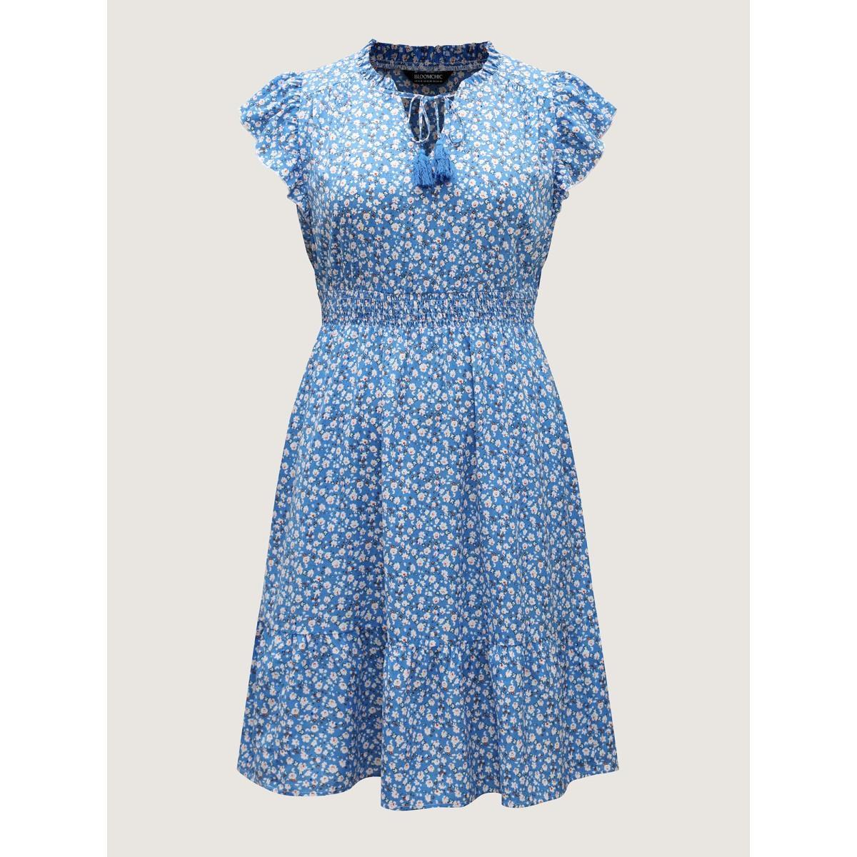 Plus Size Ditsy Floral Print Stretchy Waist Midi Dress Skyblue Women Notched collar Cap Sleeve Curvy BloomChic 22-24/3X Product Image