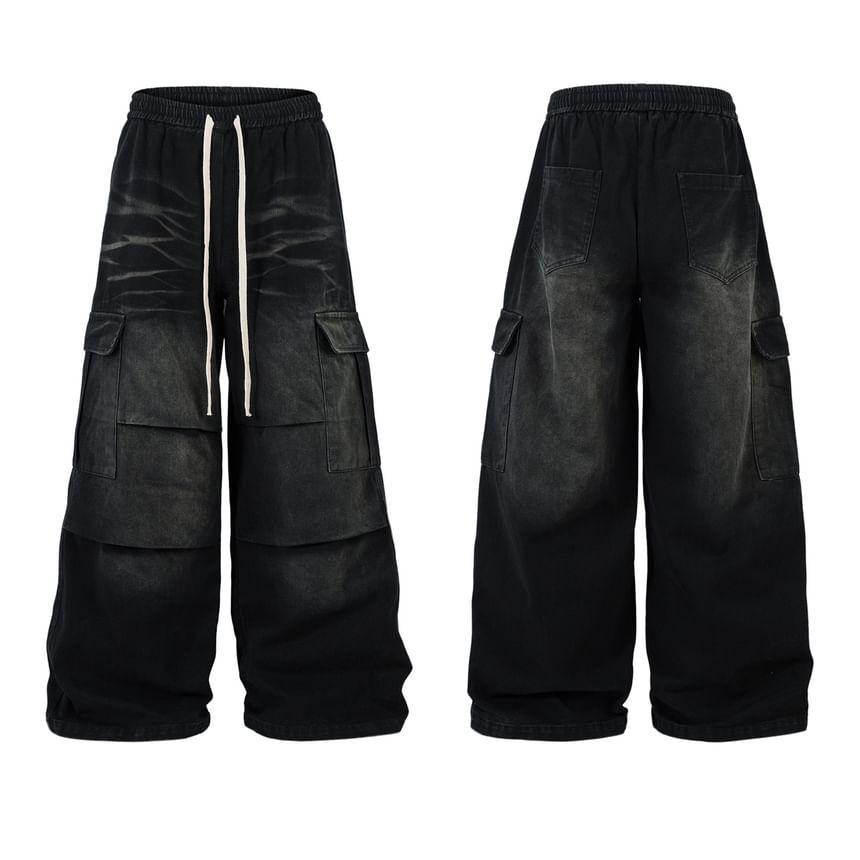 Drawstring Waist Washed Wide Leg Cargo Jeans Product Image