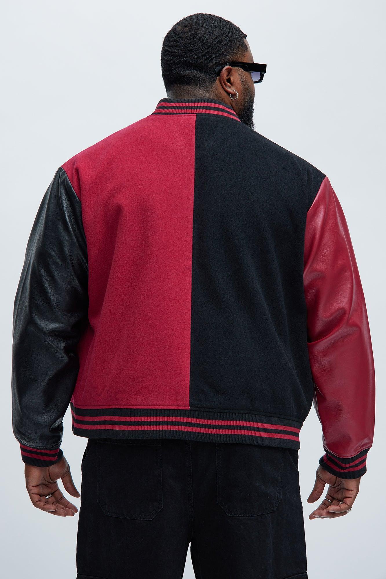 For The Books Faux Leather Sleeves Colorblock Varsity Jacket - Black/Red Product Image